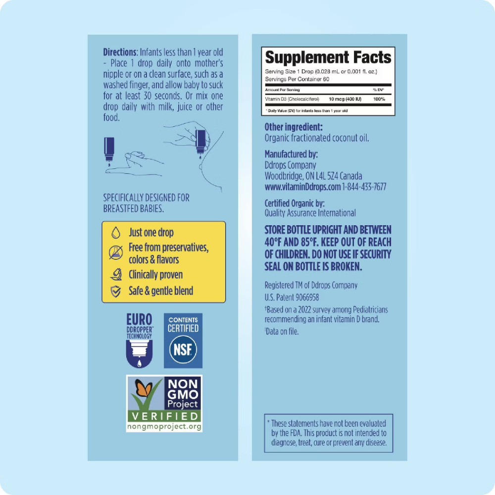 Ddrops Baby Vitamin D 400 IU Organic Liquid Drops – 0.06 fl oz