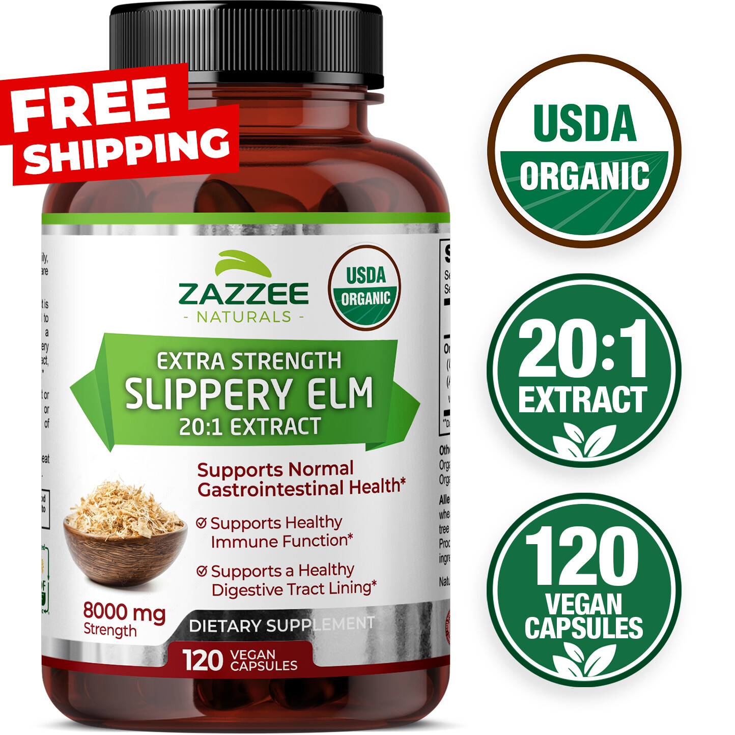 USDA Organic Slippery Elm Bark 20:1 Extract, 8000 mg Strength 120 Vegan Capsules