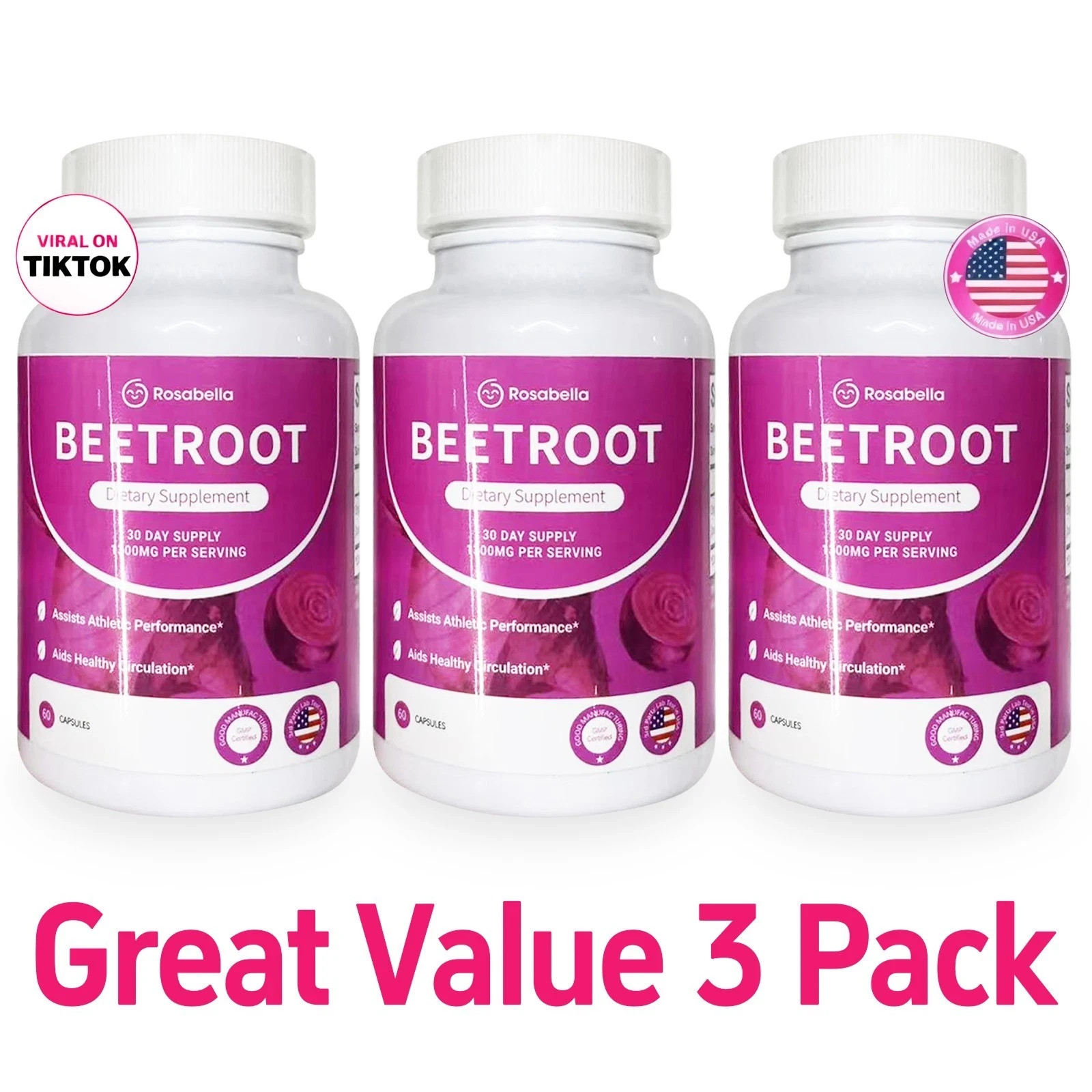 3PCS Rosabella Organic Beet Root 60 CapsulesNatural Energy Boost Blood Pressure+