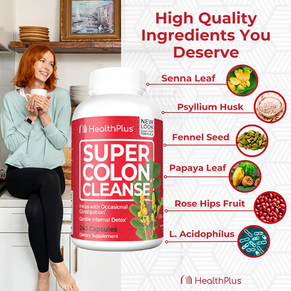Health Plus Super Colon Cleanse Constipation Relief Capsules 240 Ct Pack of 2