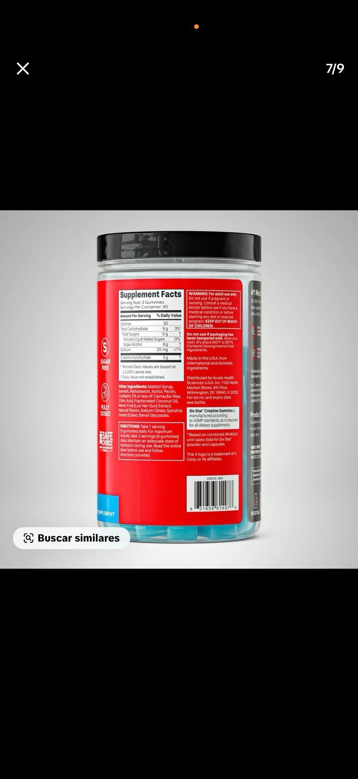 Six Star Creatine Monohydrate Gummies Blue Raspberry 60ct 5g Sugar-Free