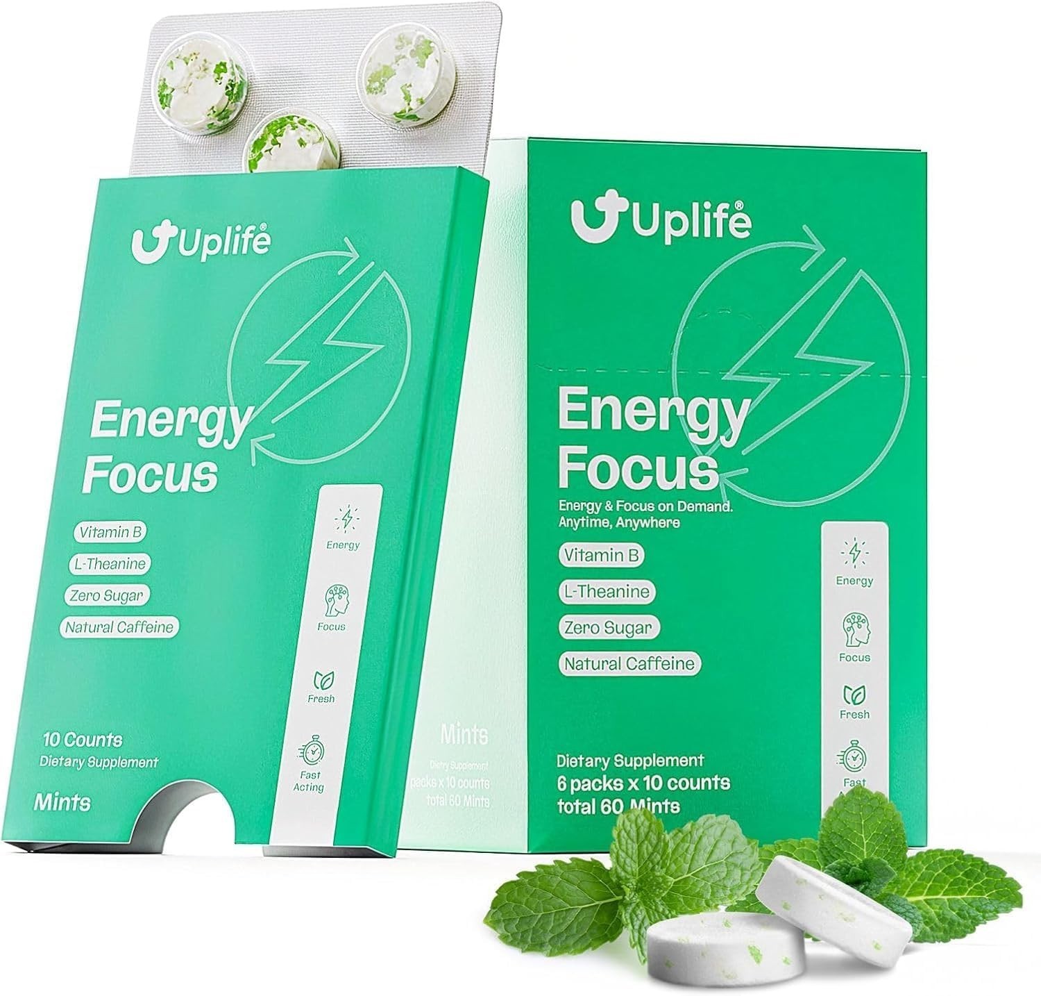 UPLIFE Focus & Energy Mints – 30 Count – Fast-Acting 40 mg Caffeine Gum with 80