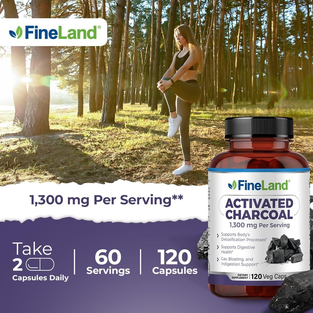 Activated Charcoal 1300mg – Digestive Detox Cleanse, Gas & Bloating Relief, 120