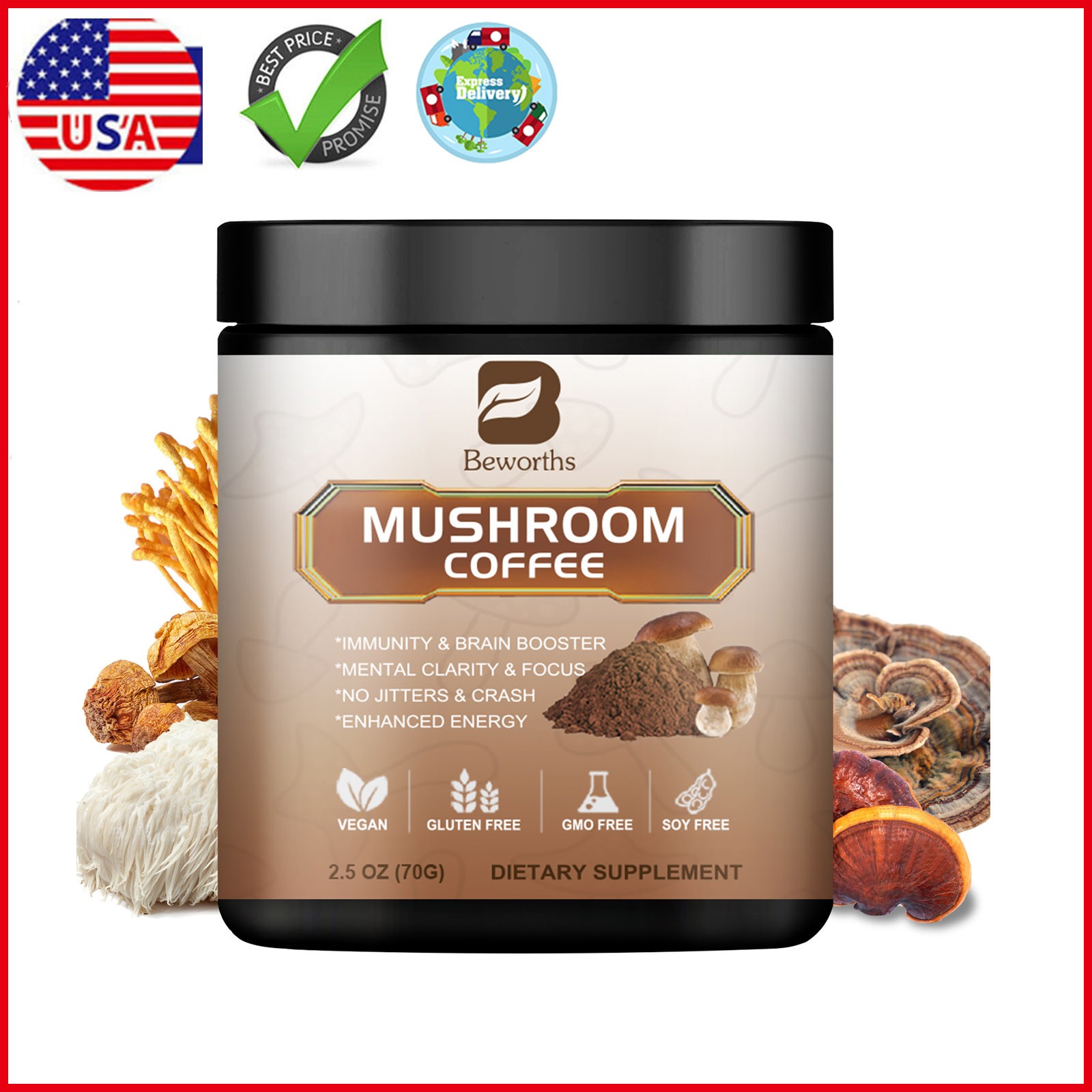 70g Organic Mushroom Coffee-Reishi,Cordyceps, Lion’s Mane,Turkey Tail Mushrooms