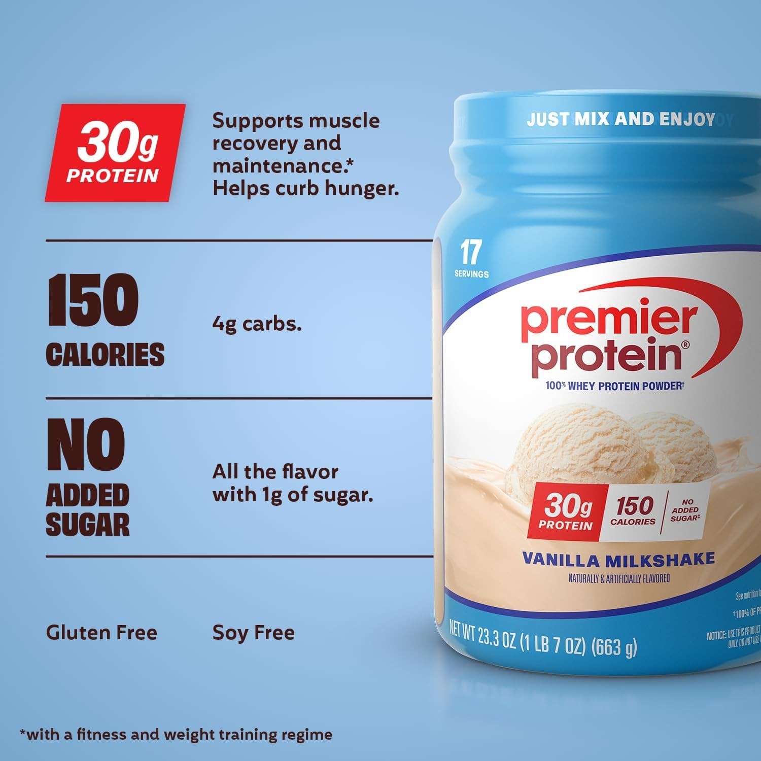 Premier Protein Powder Vanilla Milkshake 30g Whey Keto Gluten Free 23.3oz 17 Srv