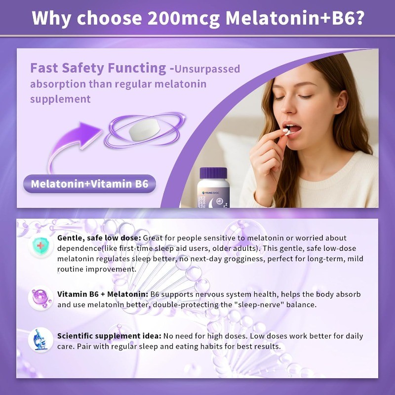 Melatonin 200mcg Dual Spectrum with B6,Extended Release Sleep Support,60 Tablets
