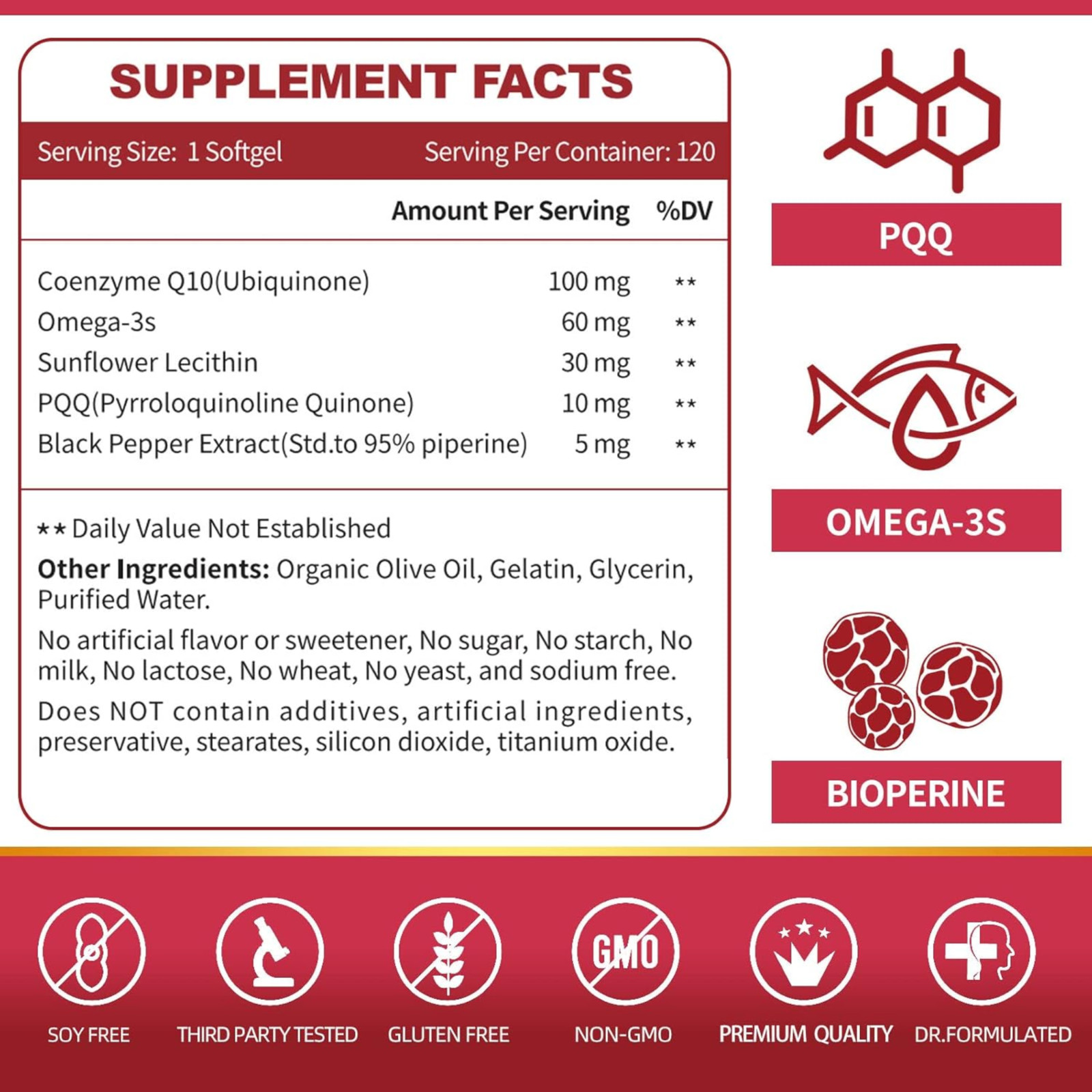 CoQ10 100mg PQQ BioPerine Omega-3 120 Softgels Heart Energy Antioxidant Non-GMO