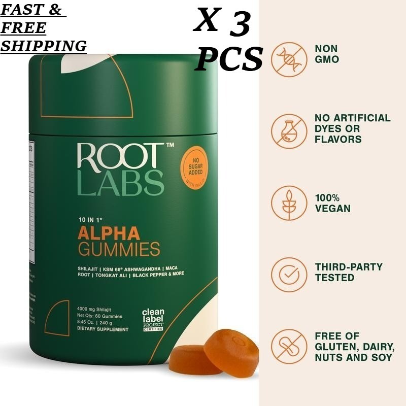 2 BOTTLES- Root Labs 10-1 Alpha Gummies |4K mg Pure Shilajit &KSM-66 |60 Gummies