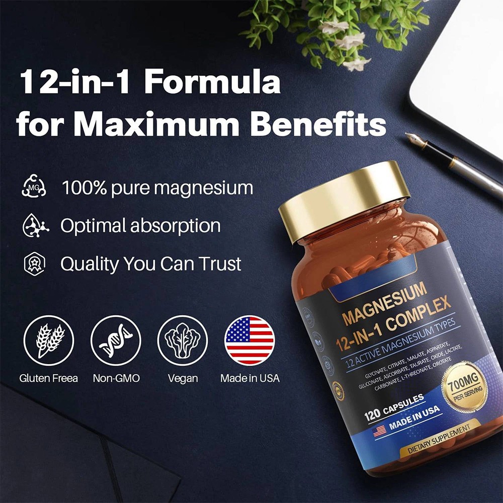 1-5x Magnesium 12 in 120 Complex 700mg – Glycinate Citrate Malate Taurate 1 Caps