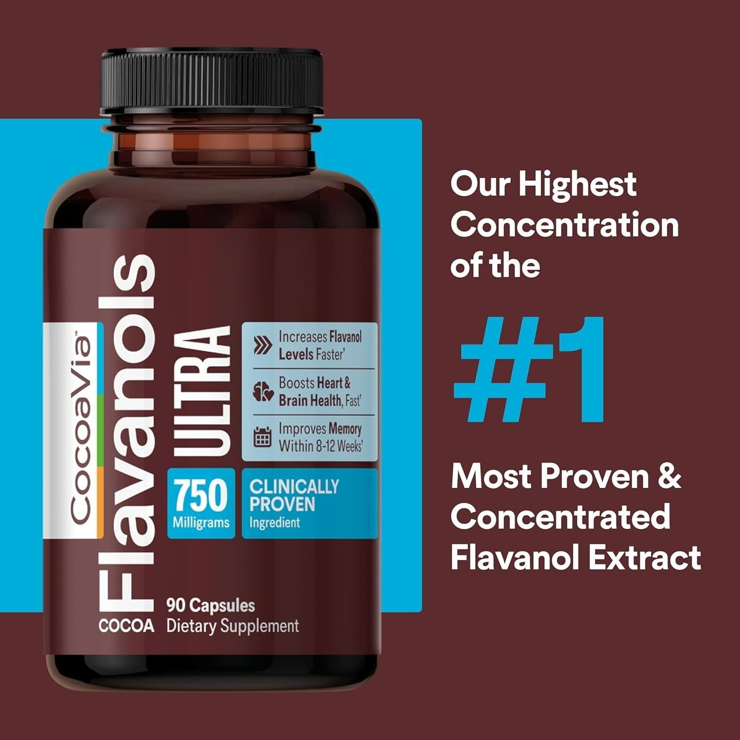CocoaVia Ultra 750mg Cocoa Flavanols – Heart & Brain Support – 90 Capsules