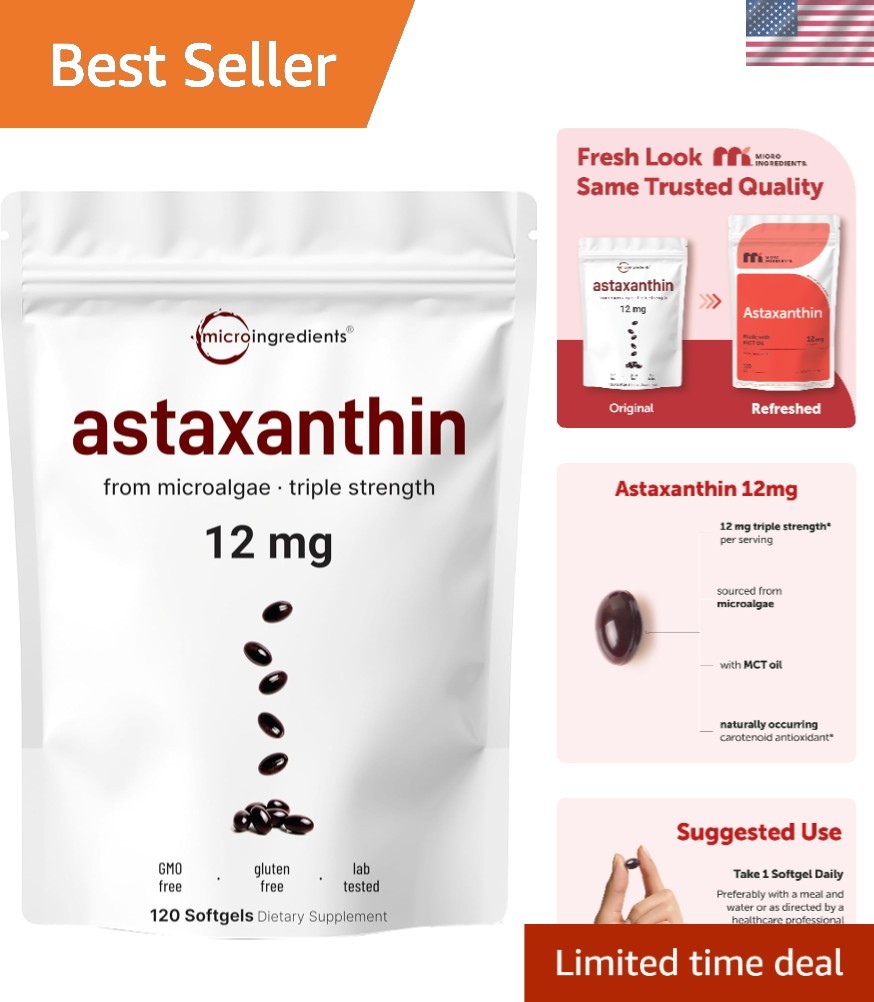 Astaxanthin 12mg with MCT Oil – Triple Strength Antioxidant Softgels, 120 Count