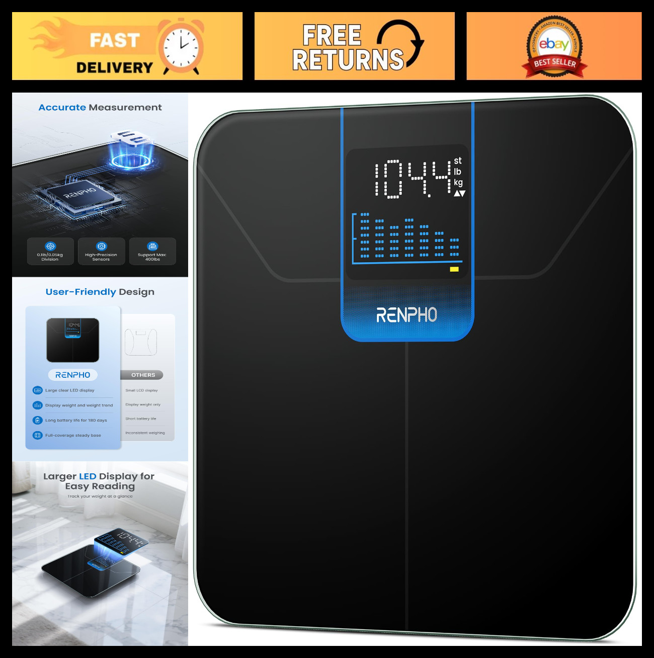Digital Bathroom Scale with Large LED Display, 400lbs Capacity, 7-Day Weight Tre