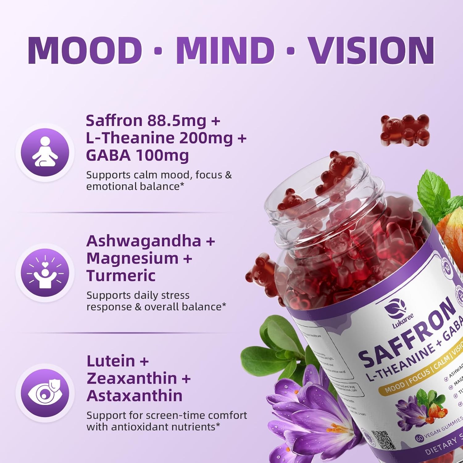 2Pack Saffron Gummies | Supports Mood, Calm & Focus | Saffron Extract 60ct