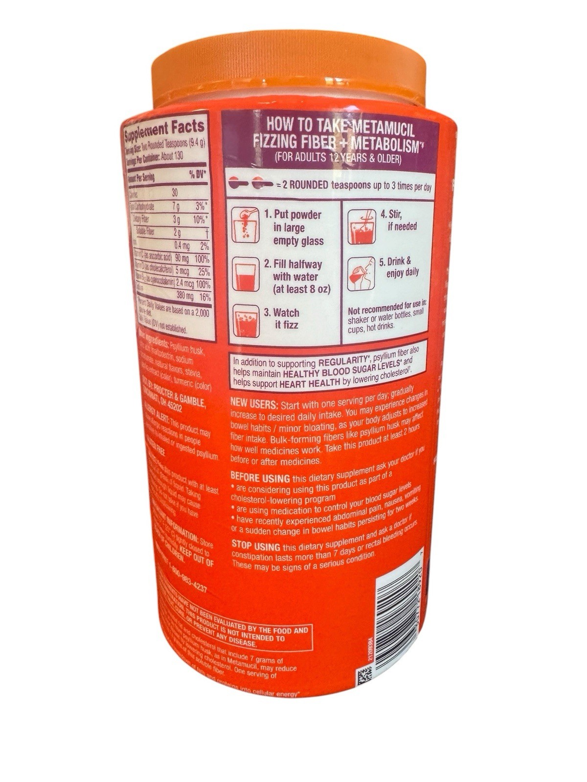 Metamucil Fizzy Fiber Supplement + Metabolism, Plant Based Psyllium Fiber Powder