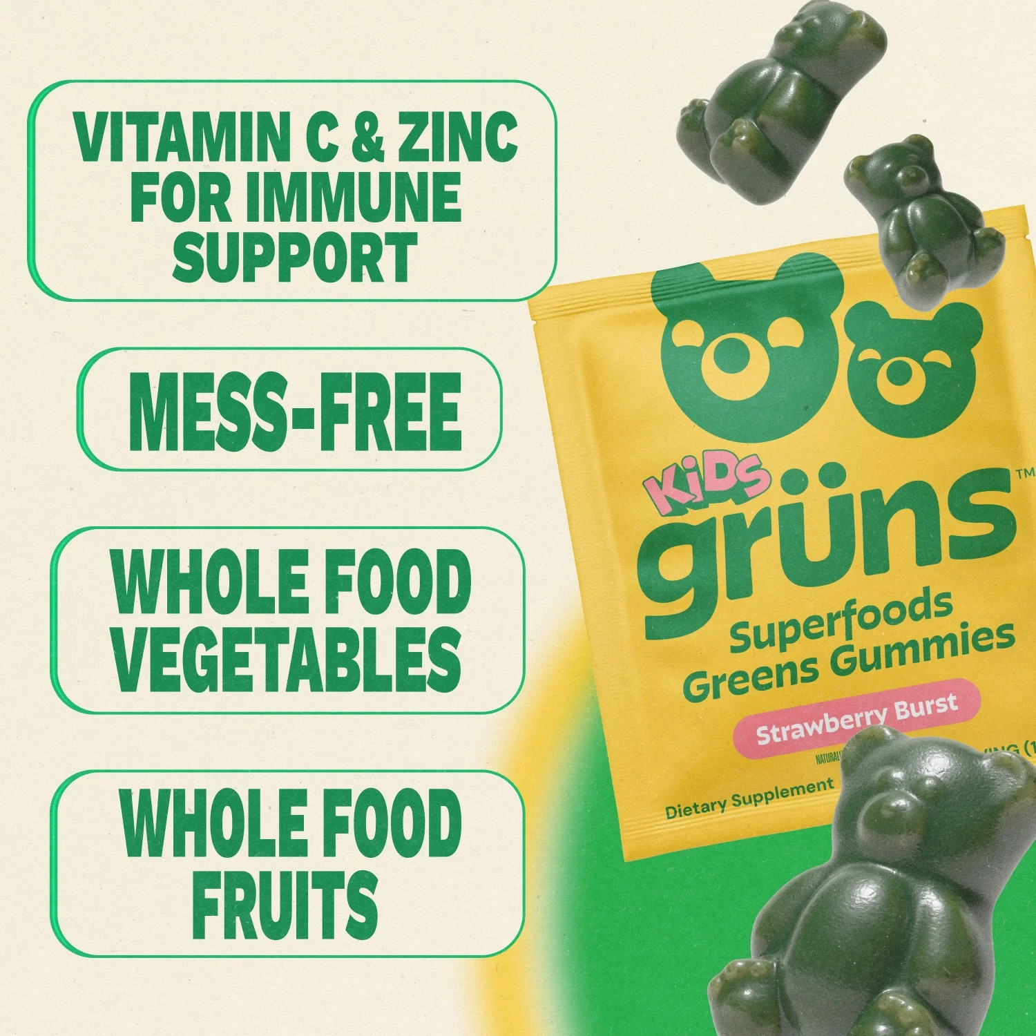 Grüns Kids Superfood Greens Gummies, Made with 60 Organic Ingredients, 20+ Vitam