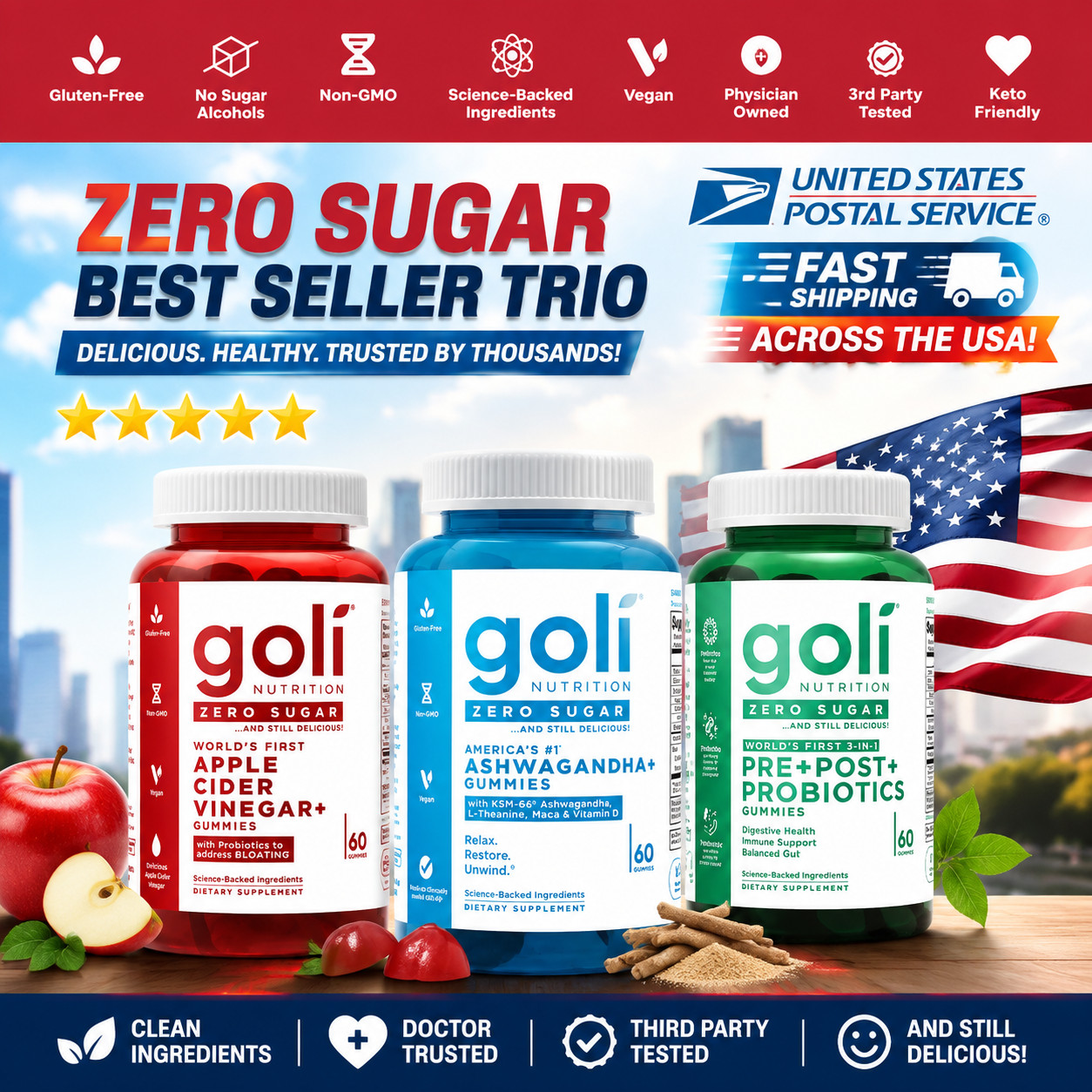 3 BottlesGoli Zero Sugar Trio -ACV Ashwagandha & Probiotic Gummies60 Caps/Bottl