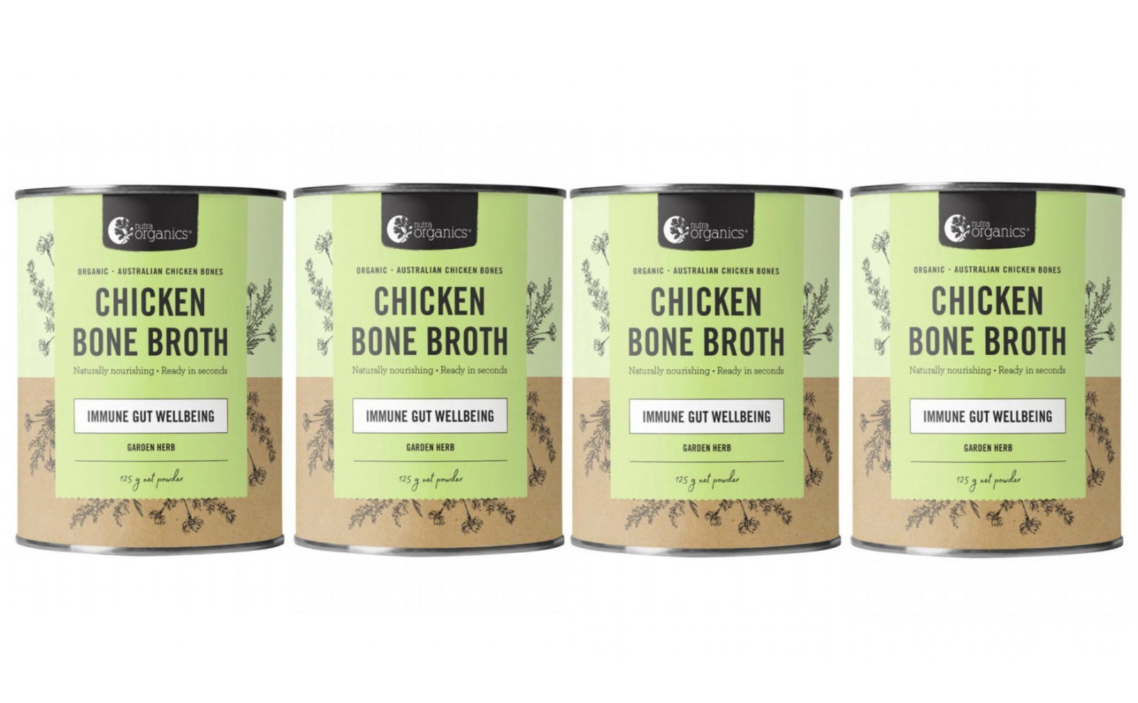 4 x Nutra Organics Chicken Bone Broth Garden Herb 125g Immune Gut Wellbeing