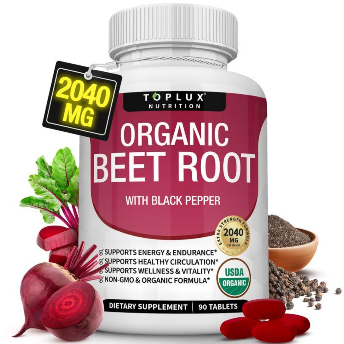 Toplux Organic Beet Root Tablets | 2040mg with Black Pepper, 90 Count