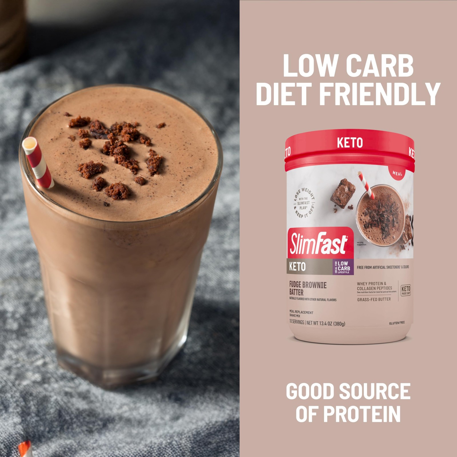 SlimFast Keto Meal Replacement Shake, Fudge Brownie Batter Low Carb Keto Protein