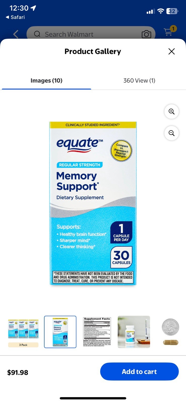 3pk EQUATE MEMORY SUPPORT REGULAR STRENGTH 30 CAPSULES Compare To Prevagen 10/27