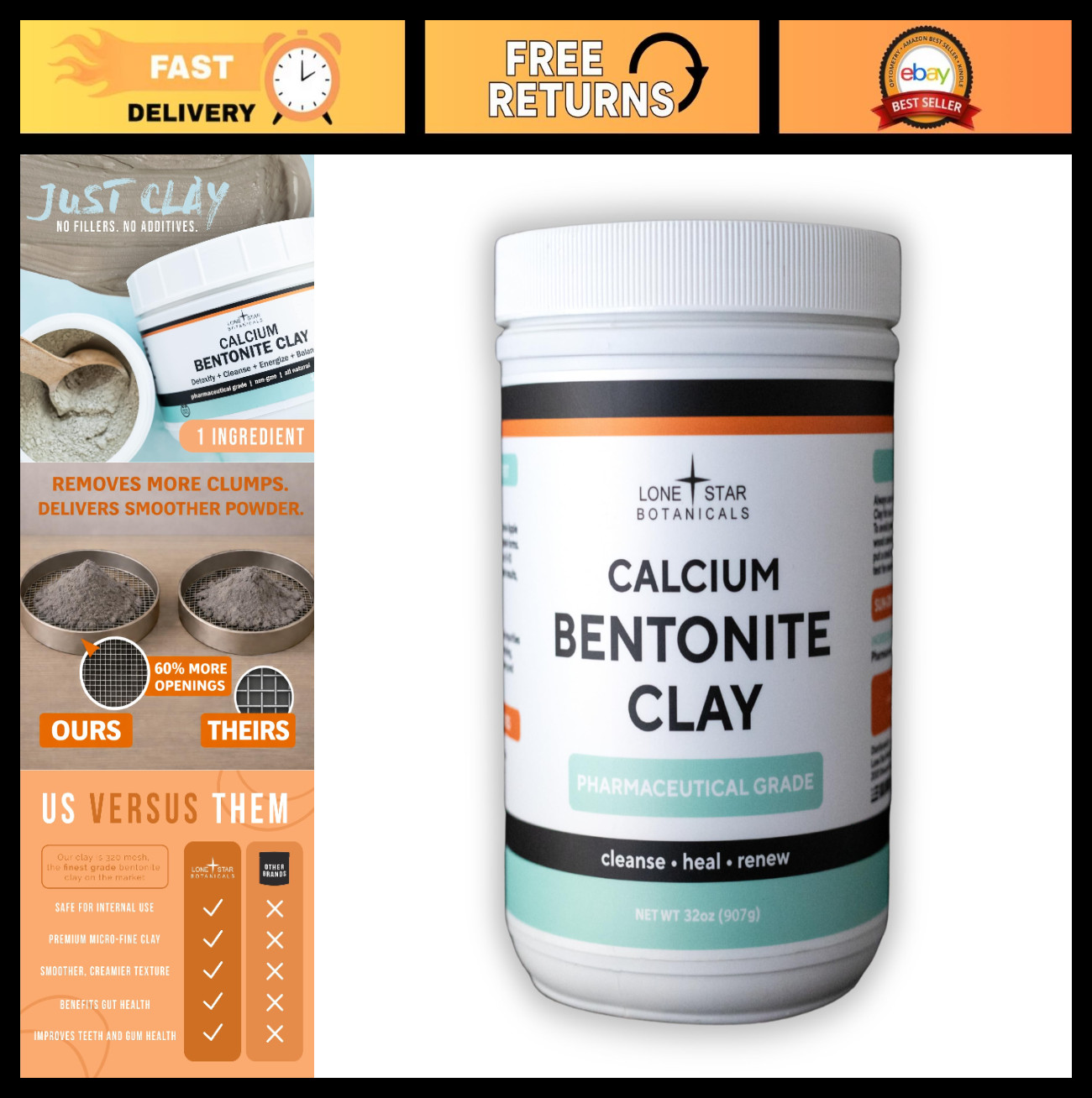 Pure Calcium Bentonite Clay Powder – Detox Mask for Face, Body & Hair, Deep Pore