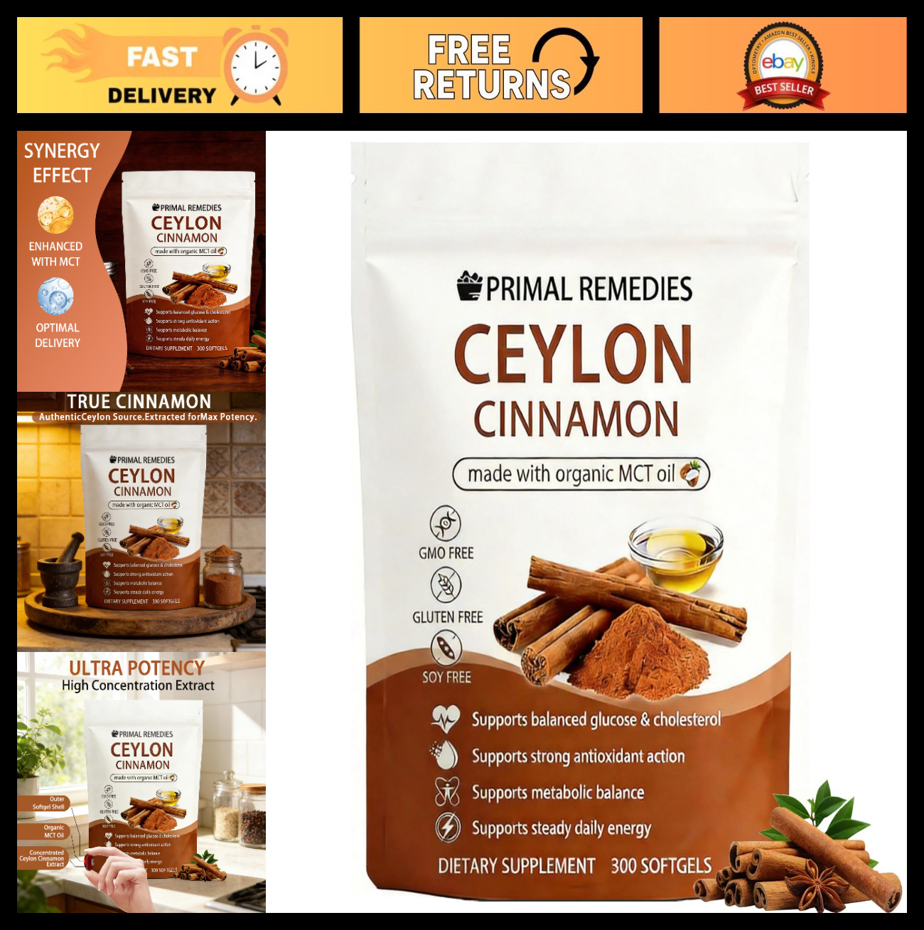 Ceylon Cinnamon with MCT Oil – 300 Softgels, 7200mg, Non-GMO, Gluten-Free Supple