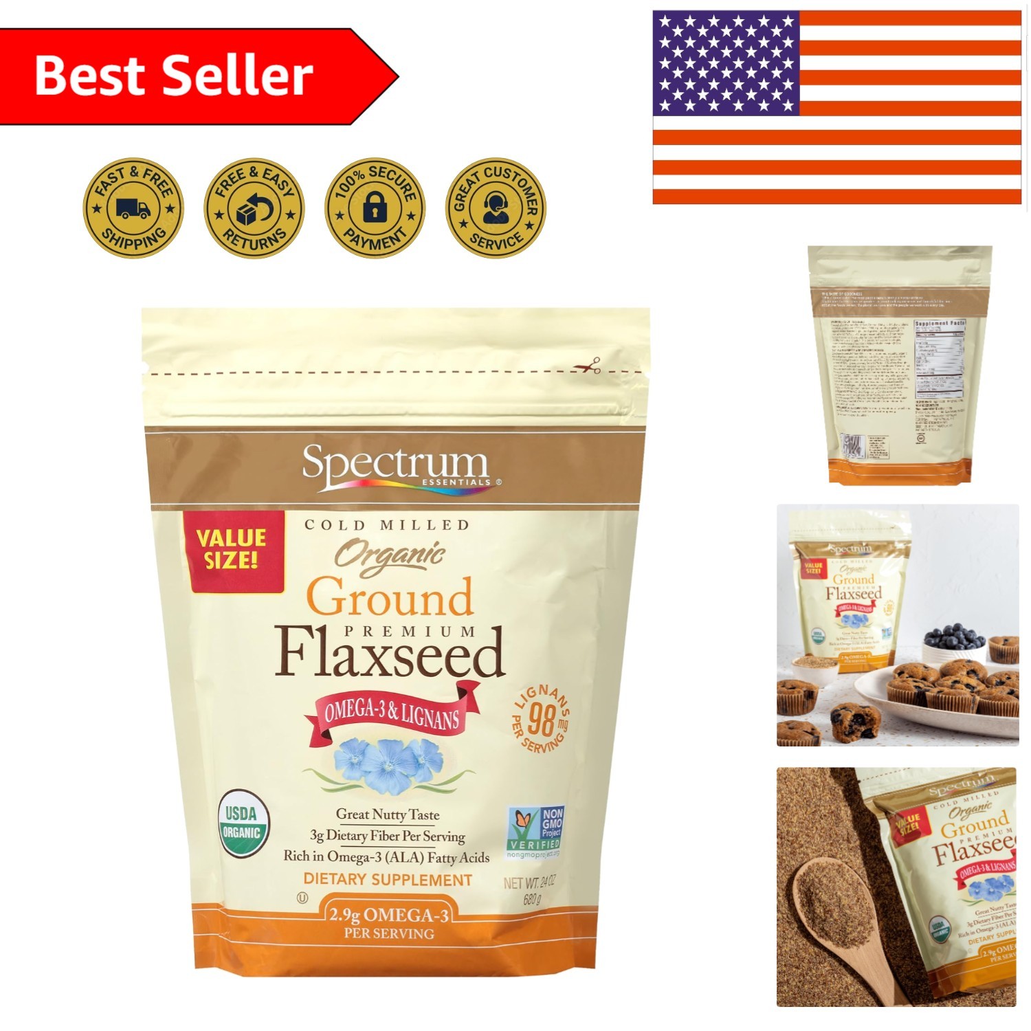 Essentials Organic Ground Flaxseed, Gluten-Free, 24 Oz – Nutty Flavor & Omega-3
