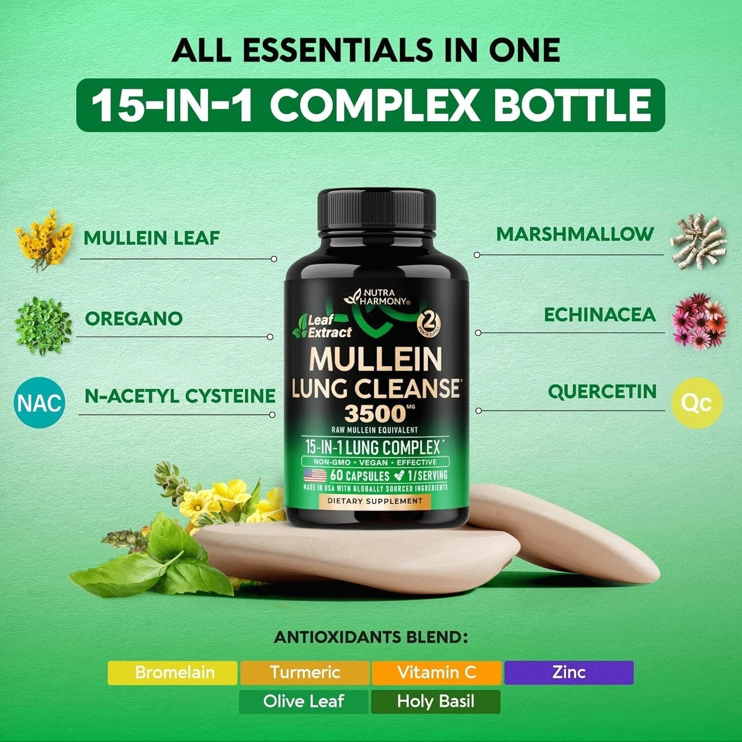 Mullein Leaf Extract for Lung Detox 3500 Mg – Echinacea | Oregano | Quercetin |