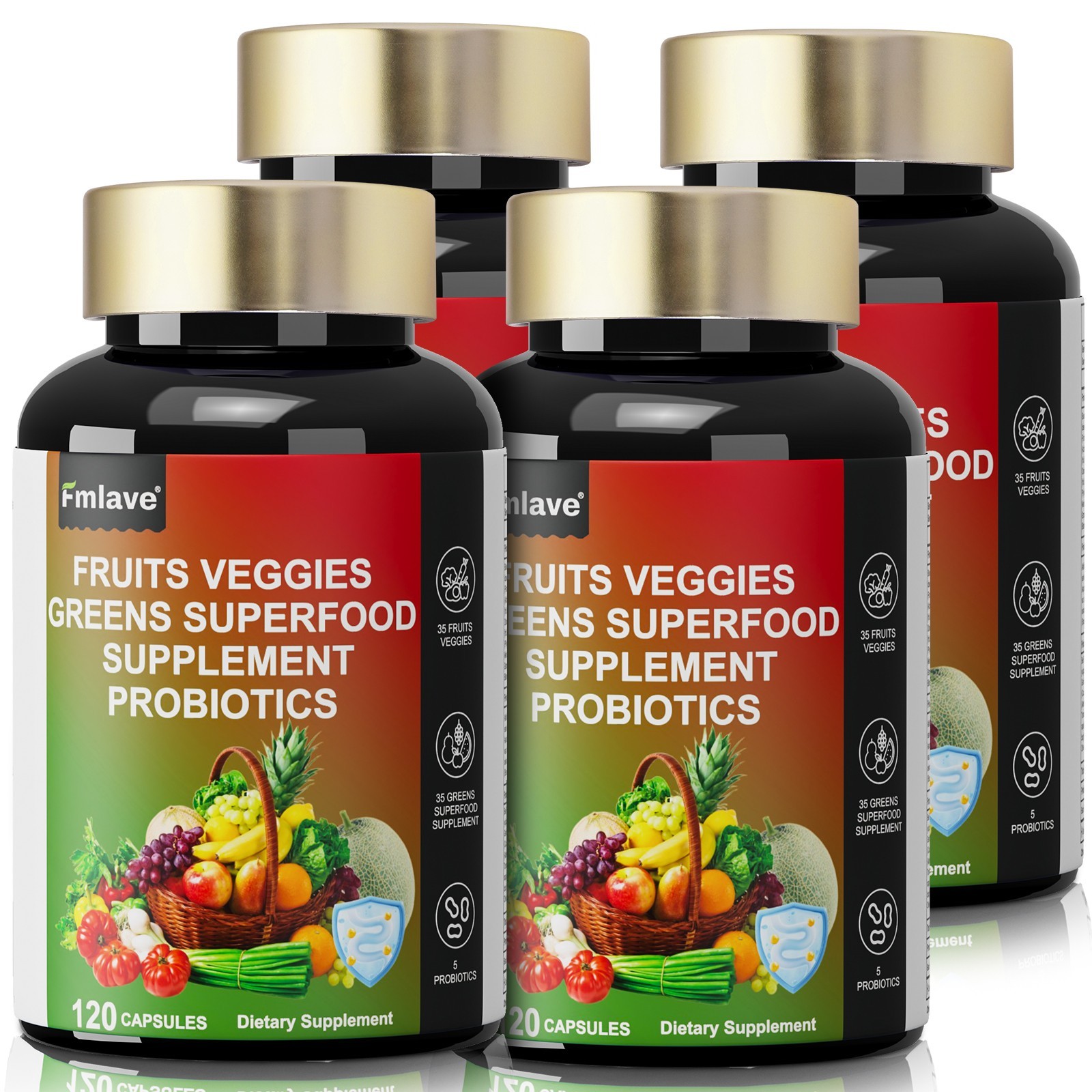 4pc 70 Fruits and Veggies Whole Food Supplement, Superfood & 5 Probiotic Strains