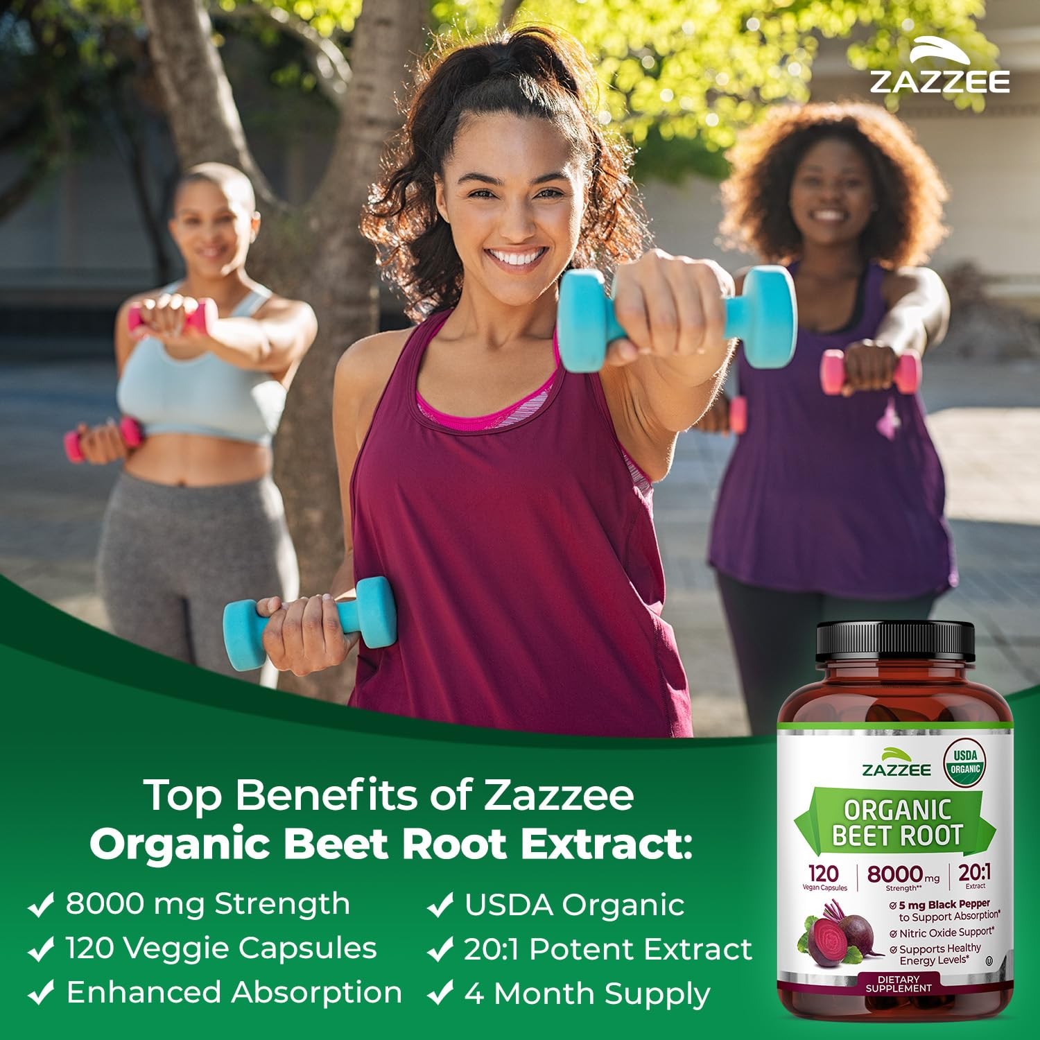 Zazzee USDA Organic Beet Root 8000mg 20:1 Extract 120 Vegan Capsules