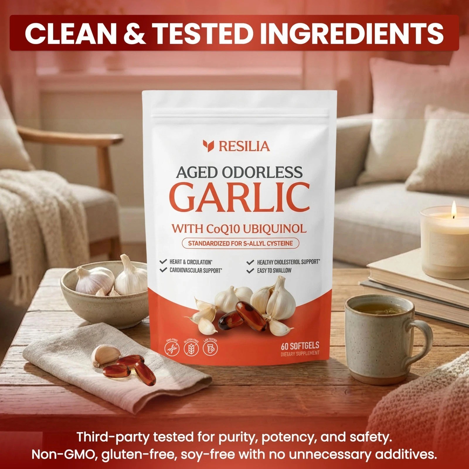Resilia Garlic Extract 1200mg Softgels (60 Count) – Odorless Aged Garlic Extra..