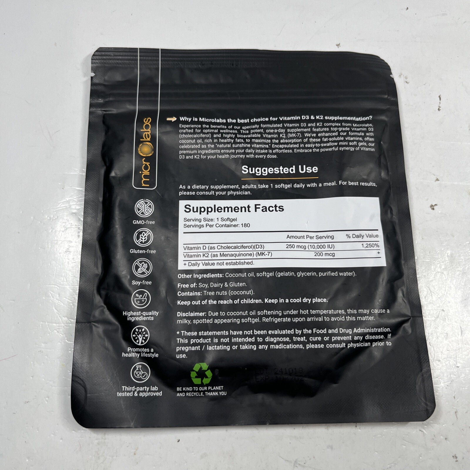 MicroLabs Vitamin D3 & K2 w/ Coconut 10,000 IU 200 mcg MK-7 180 Softgels 10/2026