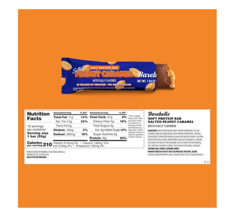 Barebells Soft Protein Bars Salted Peanut Caramel 24ct 16g Protein 1g Sugar