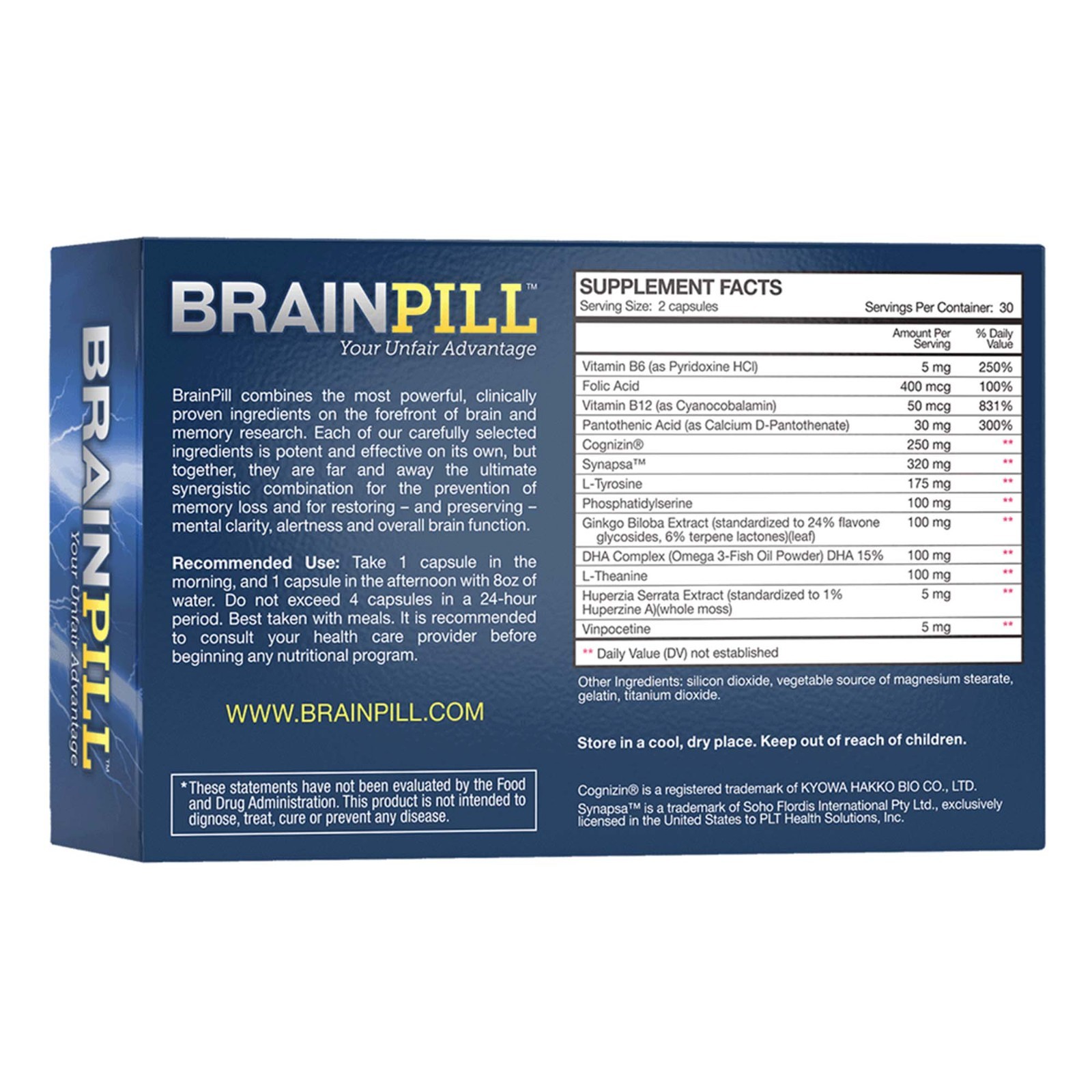Brain Pill Focus & Memory Cognizin Citicoline Synapsa Bacopa 180 Caps BrainPill