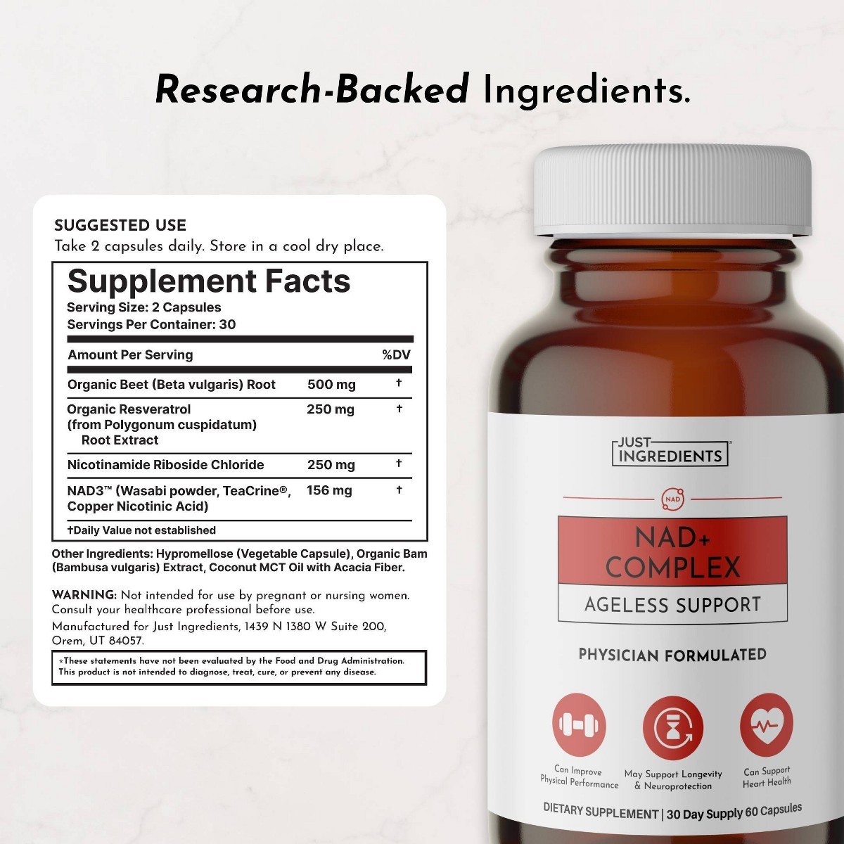 Just Ingredients NAD+ Complex Supplement Capsules – 60ct – 30 Servings