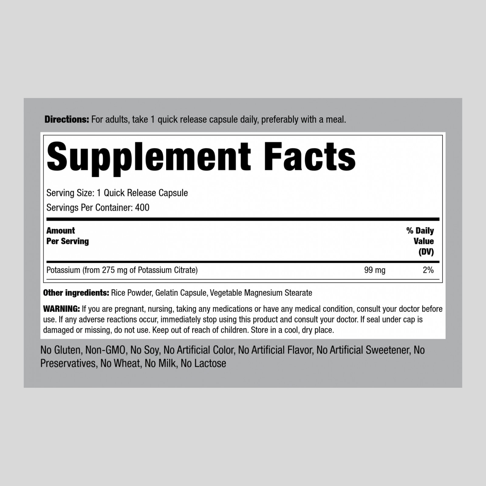 Potassium Citrate 275mg | 400 Capsules | Non-GMO, Gluten Free | by Piping Rock