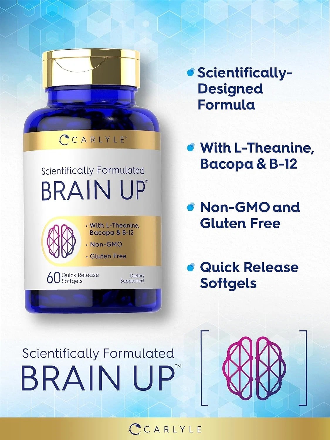 Brain up Supplement | 60 Softgels | with L-Theanine, Bacopa & B-12 | Non-Gmo, Gl