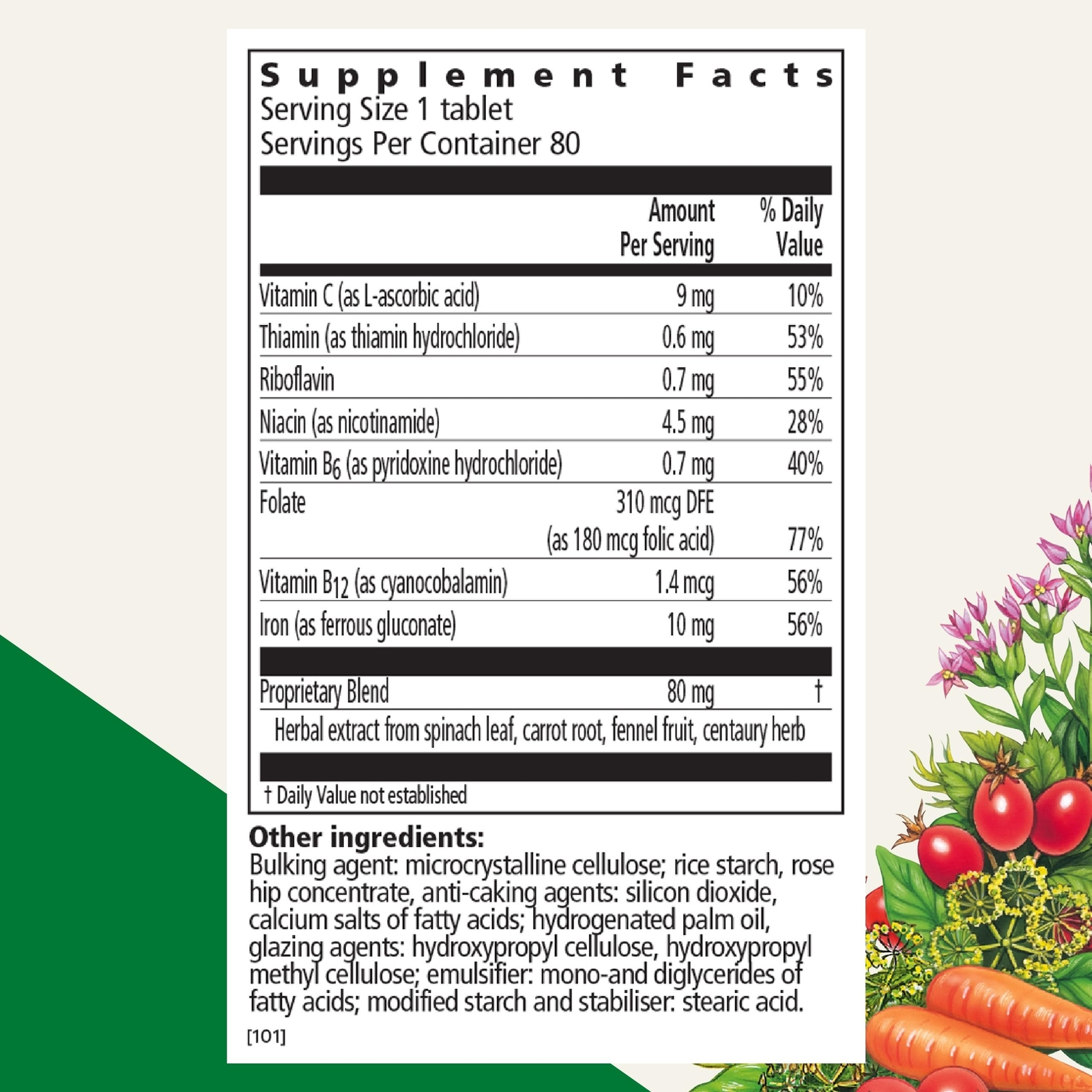 Floradix Iron Tablets w/ Vitamin C & Folic Acid Energy Support 80 Ct