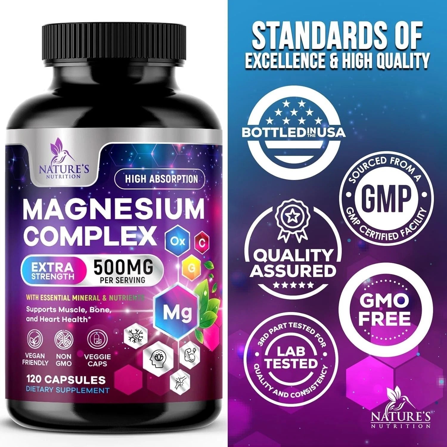 Magnesium Complex Supplement 500 mg – 5 in 1 High Absorption Chelated Magnesium