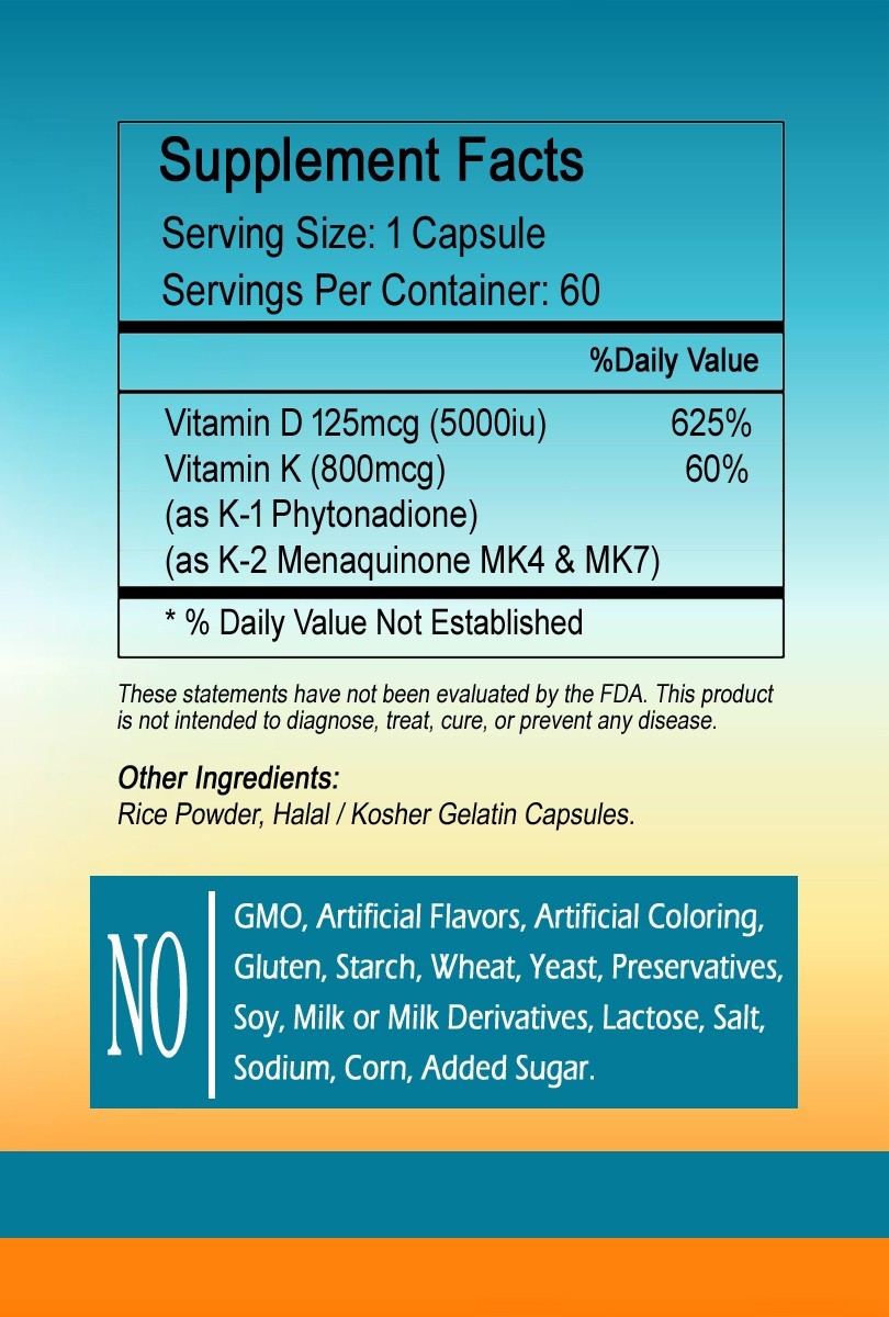 Vitamin K2 (800mcg) + Vitamin D3 (5000 IU) Capsules – Ship from USA/