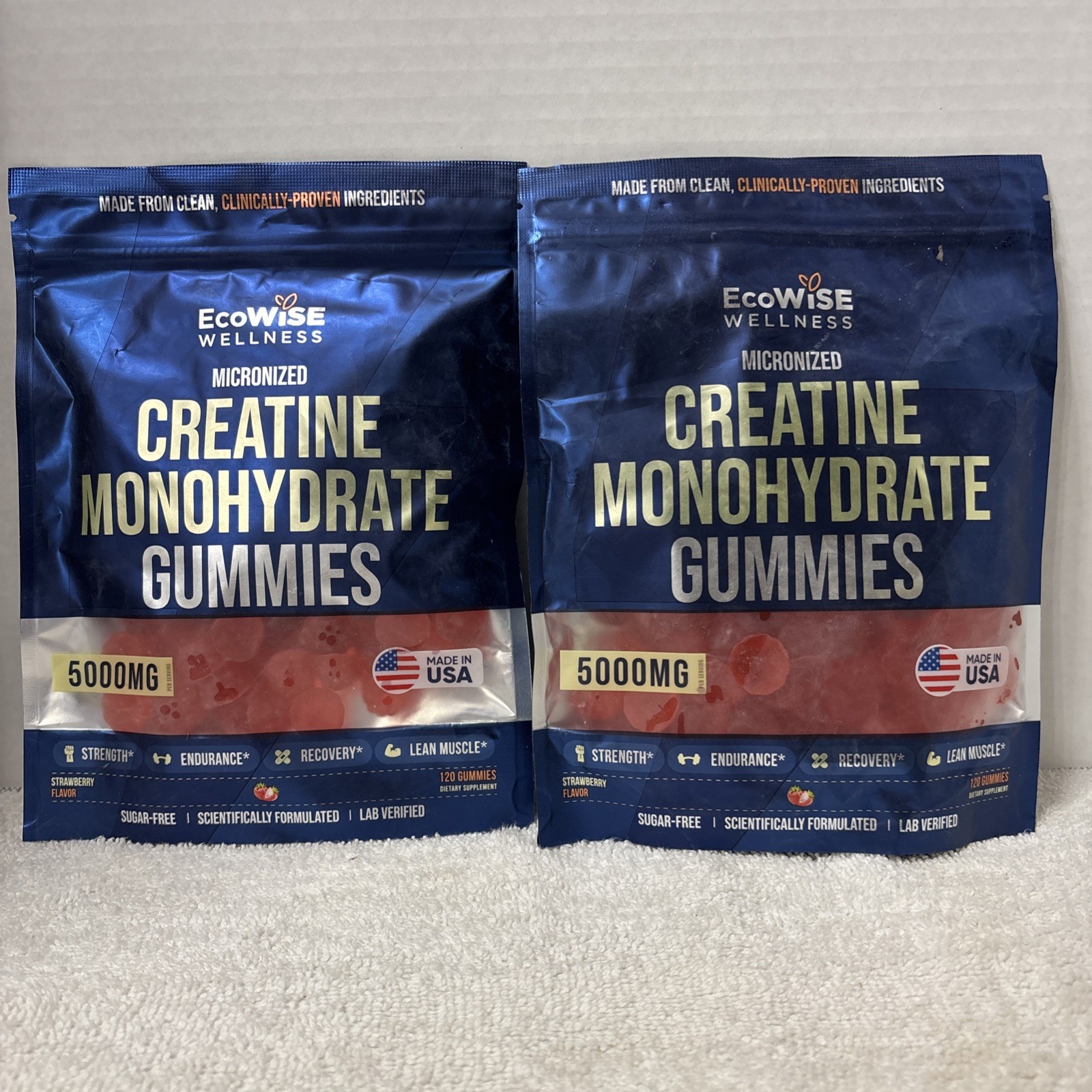 EcoWise Wellness Creatine Monohydrate Gummies 5000mg Strawberry 120Ct – Lot Of 2