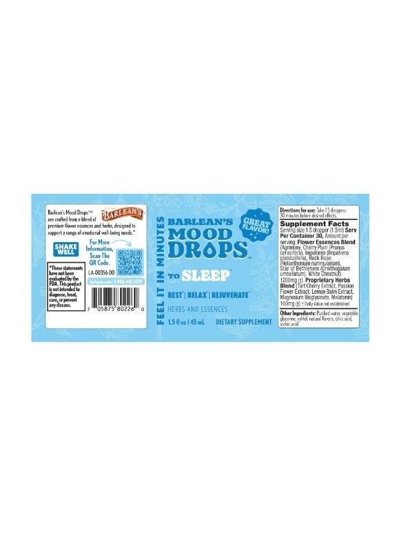 NEW SEALED Barlean’s Mood Drops To Sleep Relaxation Calm 1.5 fl oz Dropper x2/27