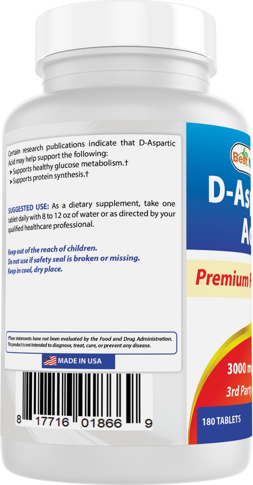 Best Naturals D Aspartic Acid (DAA) 3000mg per Serving 180 Tablets