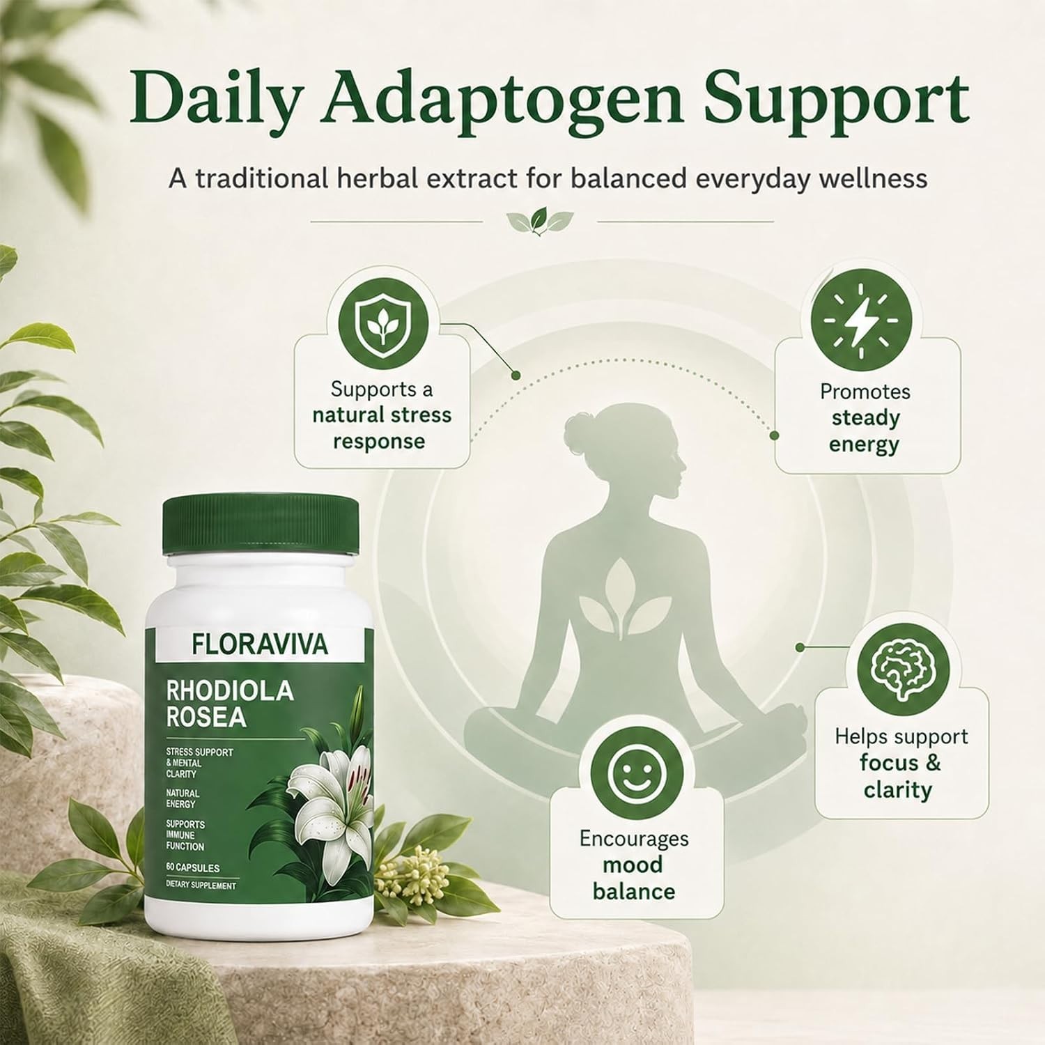 Floraviva Rhodiola Adaptogenic Supplement Stress Relief Energy Focus Non-GMO