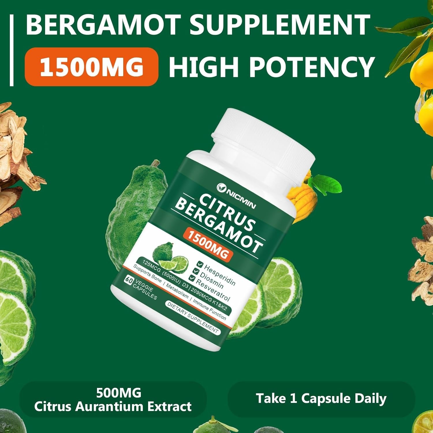 Citrus Bergamot 1500mg with Hesperidin, Diosmin, Resveratrol
