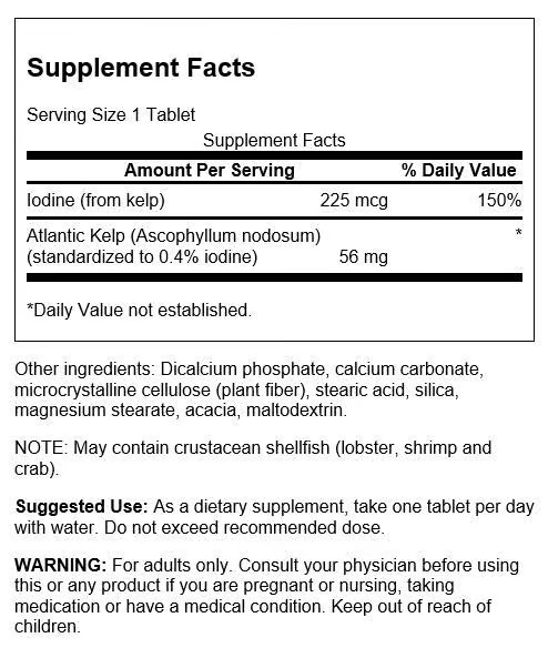 Swanson Atlantic Sea Kelp Iodine Source for Thyroid Support 225 Mcg 250 Tablets