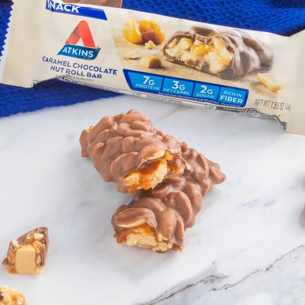 Atkins Snack Bar, Caramel Chocolate Nut Roll, Keto Friendly, 8 Ct (2 Packs)