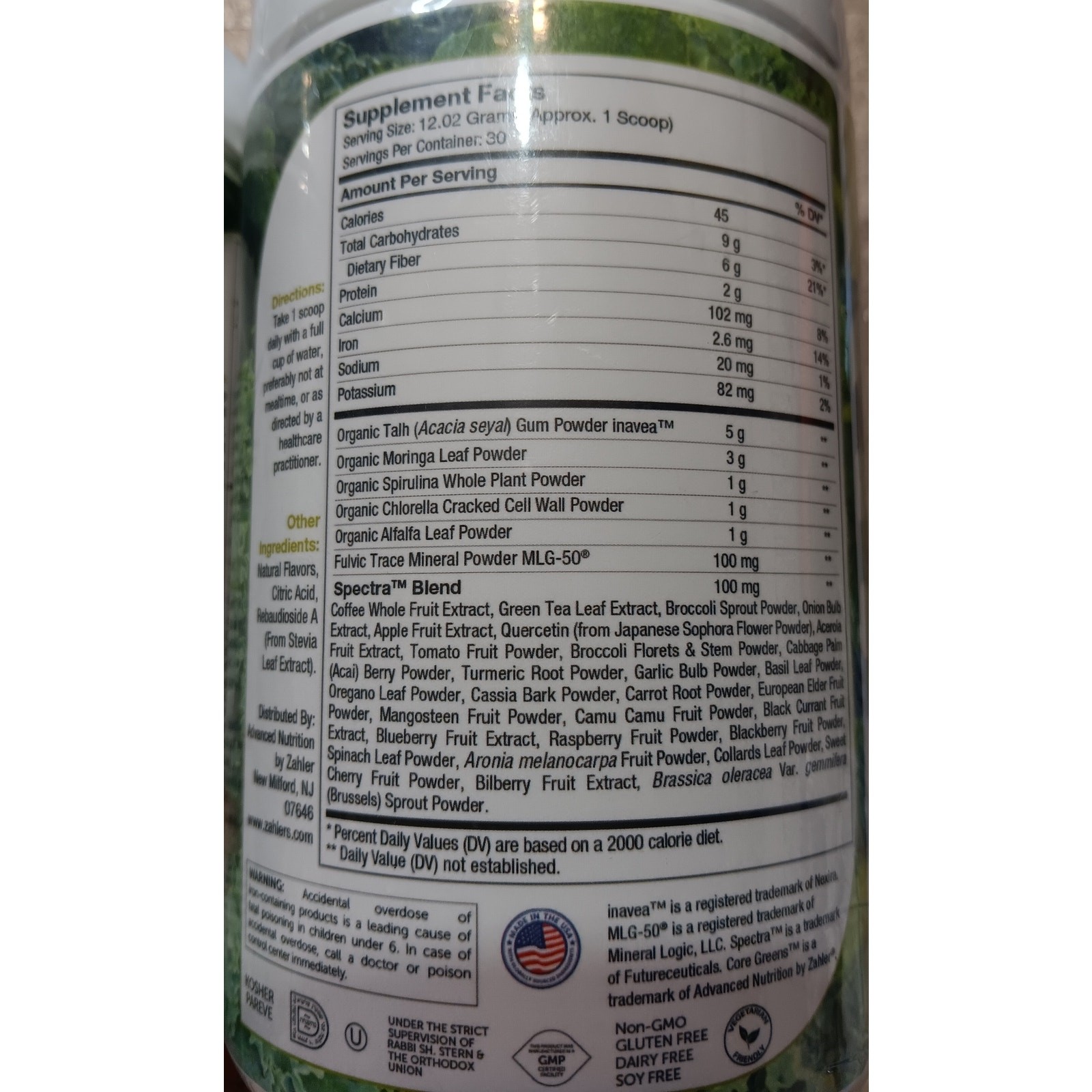 Zahler Core Greens Powder Supplement, 30 svgs per 12.7 oz Container 9-26 (Qty 2)