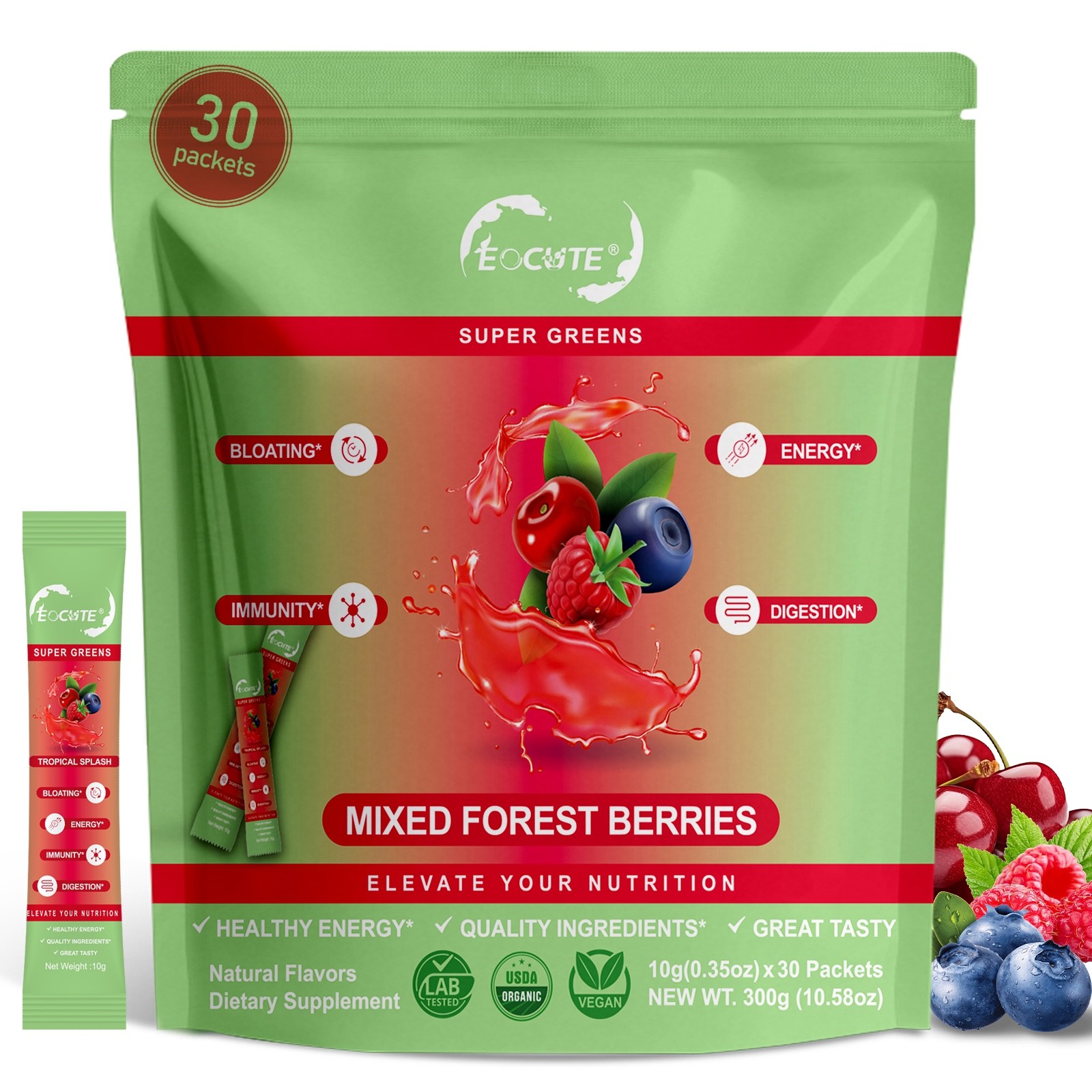 Super Greens Powder Reduce Bloat Digestive Health & More 3 flavors-30 packets US