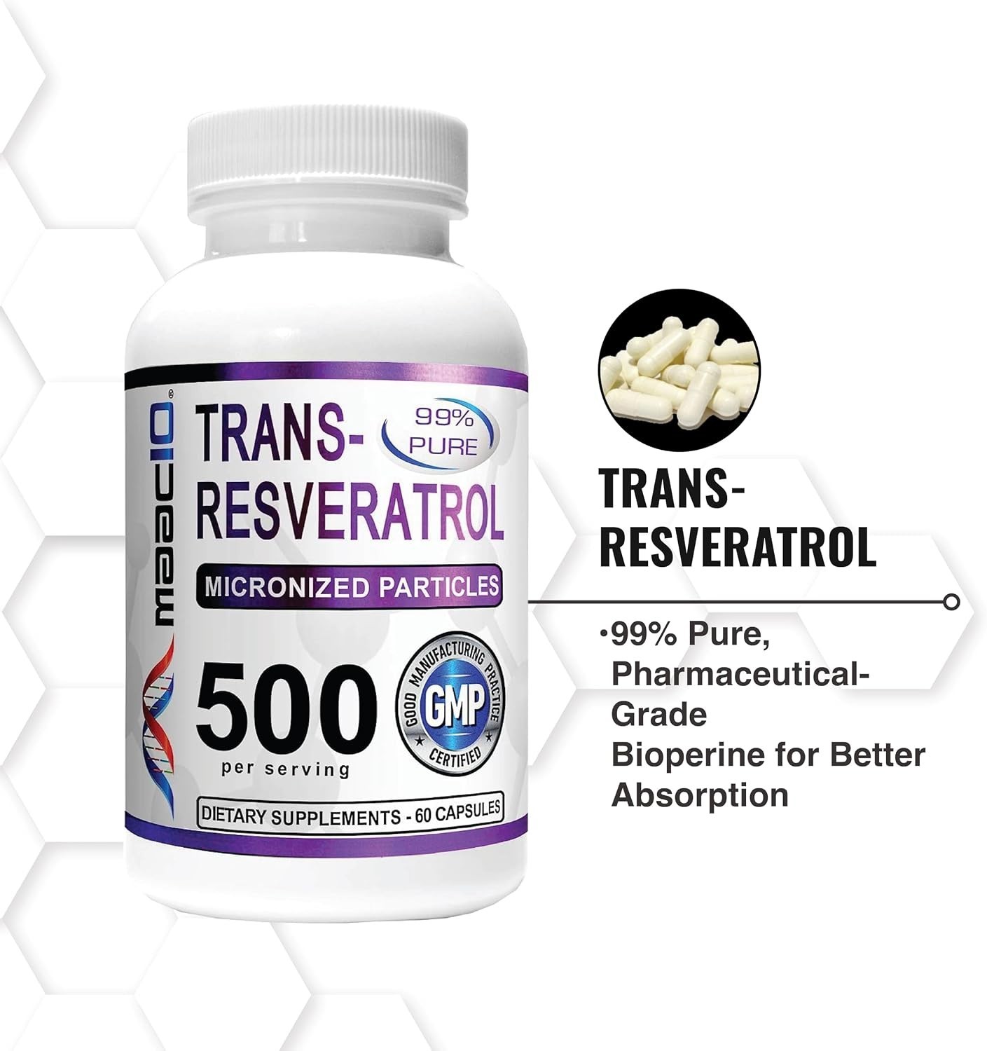 Resveratrol, 99% Pure, Micronized Trans-Resveratrol, 500mg, 60 capsules